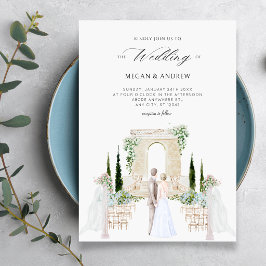 エレガントなカップルの結婚式ガーデン水彩画 招待状