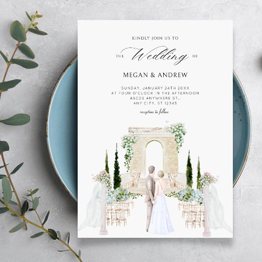 エレガントなカップルの結婚式ガーデン水彩画 招待状