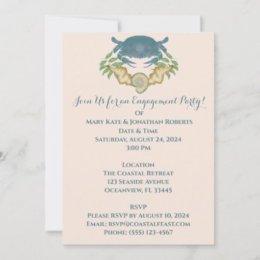 エレガントなカニの宴-水彩青ガニ婚約 招待状 (正面)