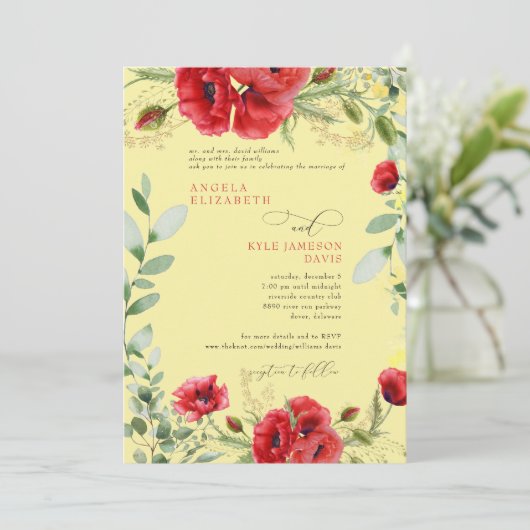 エレガントなカラフルな赤いポピー 黄色のウェディング 招待状 (スタンド正面)