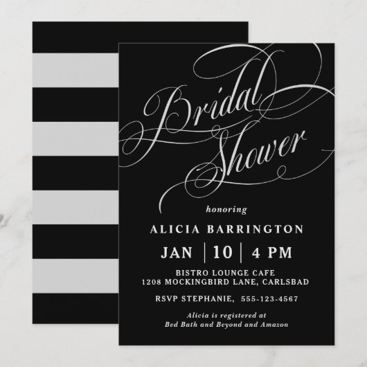 エレガントなカリグラフィーが黒の結婚前お祝い会 招待状 (正面/裏面)