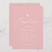 エレガントなカリグラフィーとクロス | ピンクの洗礼 招待状 (正面/裏面)