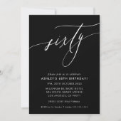 エレガントなカリグラフィーのおしゃれな60歳の誕生日黒と白 招待状 (正面)