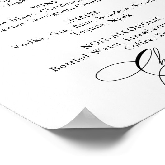 エレガントなカリグラフィーの結婚式ドリンクメニュー看板 ポスター (角)