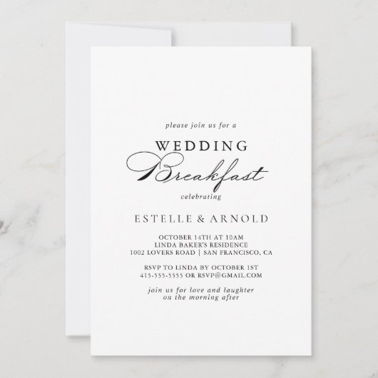 エレガントなカリグラフィーの結婚式朝食 招待状 (正面)
