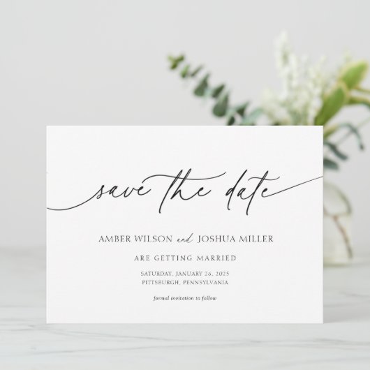 エレガントなカリグラフィーの結婚式Save the Date 招待状 (スタンド正面)