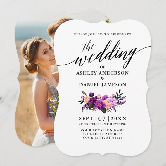 エレガントなカリグラフィーパープルの花の写真ウェディング 招待状 (正面/裏面)