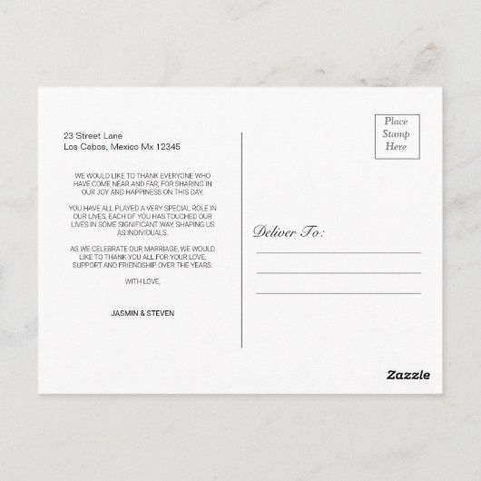 エレガントなカリグラフィー結婚式写真感謝カード ポストカード (裏面)