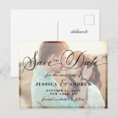 エレガントなカリグラフィー ウェディング セーブ・ザ・デート フォト ポストカード (正面/裏面)