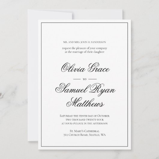 エレガントなカリグラフィー クラシックボーダー ホワイト ウェディング 招待状 (正面)