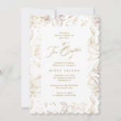 エレガントなカリグラフィー ゴールド フローラル ボタニカル 洗礼 招待状 (正面)