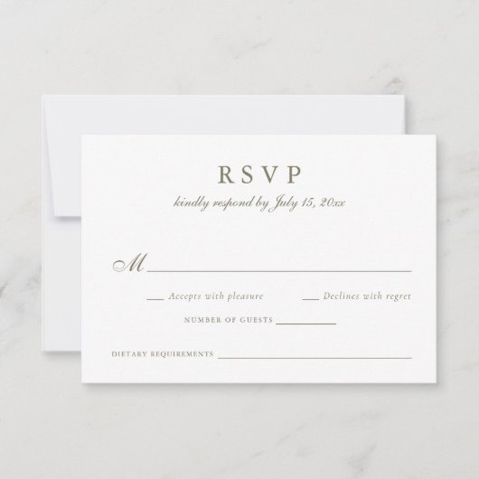 エレガントなカリグラフィー スクリプト オリーブ セージ 結婚式の出欠確認 招待状 (正面)