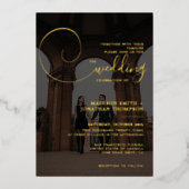 エレガントなカリグラフィー スクリプト ダークグレー フォト ウェディング 箔招待状 (正面)