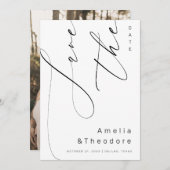 エレガントなカリグラフィー スクリプト プレーン ホワイト ウェディング セーブザデート (正面/裏面)