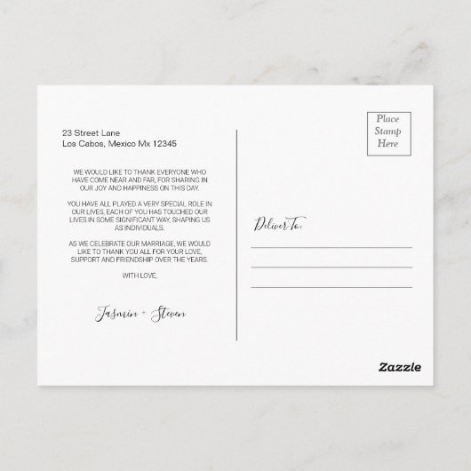 エレガントなカリグラフィー スクリプト 結婚式の写真 ありがとう ポストカード (裏面)