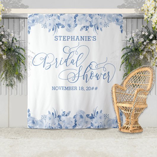 エレガントなカリグラフィー ダスティーブルー フラワーブライダルシャワー タペストリー