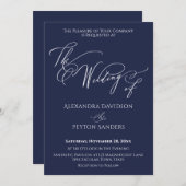エレガントなカリグラフィー ネイビーの結婚式の受付 招待状 (正面/裏面)
