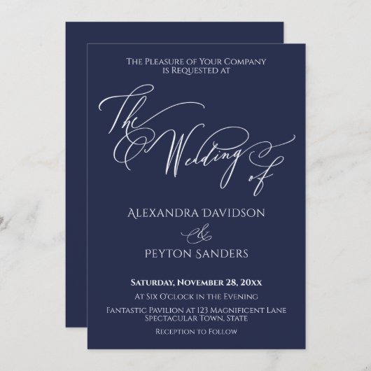 エレガントなカリグラフィー　ネイビーの結婚式の受付 招待状 (正面/裏面)