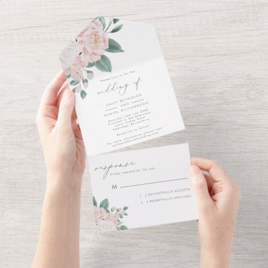 エレガントなカリグラフィー ピンク&ホワイトの花のウェディング オールインワン招待状 (貼ってはがせる)