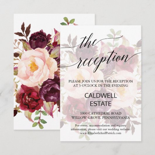 エレガントなカリグラフィー フェード フローラル レセプション カード (正面/裏面)