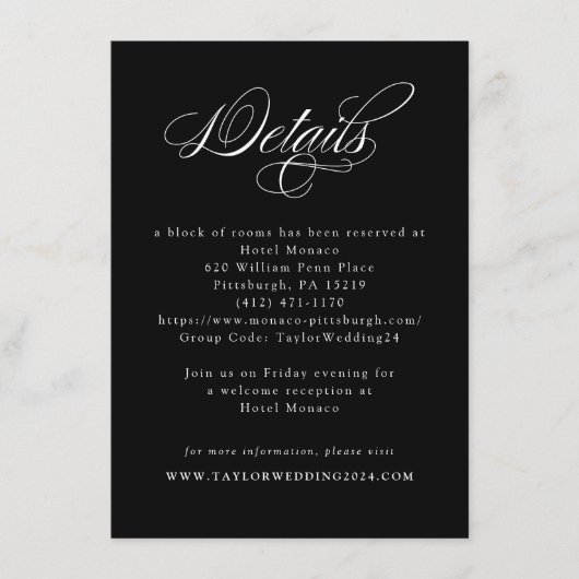 エレガントなカリグラフィー ブラック＆ホワイト ウェディング ディテール エンクロージャーカード (正面)