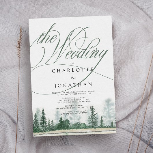 エレガントなカリグラフィー ラスティックマウンテン ウェディング 招待状