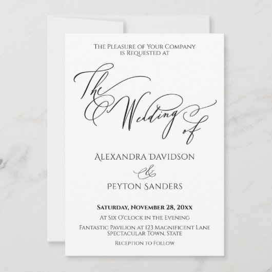 エレガントなカリグラフィー「The Wedding of」ブラック＆ホワイト 招待状 (正面)
