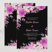 エレガントなカントリー ピンクのバラ ブラック ウェディング 招待状 (正面/裏面)