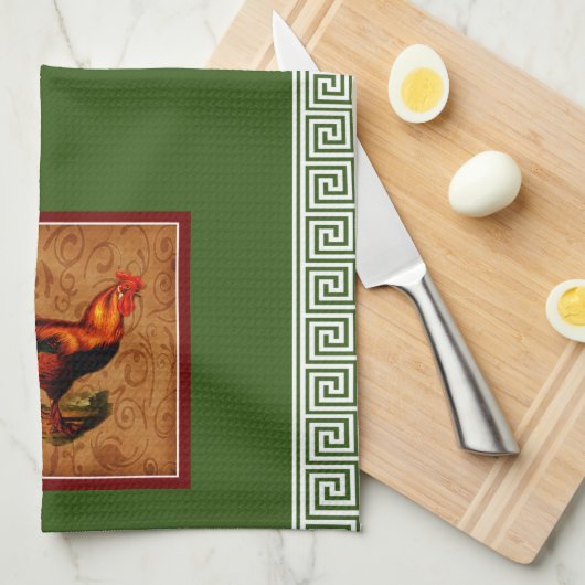 エレガントなカントリー ライフの雄鶏とギリシャの鍵 キッチンタオル (四つ折り)