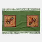 エレガントなカントリー ライフの雄鶏とギリシャの鍵 キッチンタオル (横)