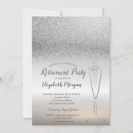 エレガントなガラスのシルバーグリッター ボケ 誕生日退職 招待状 (正面)