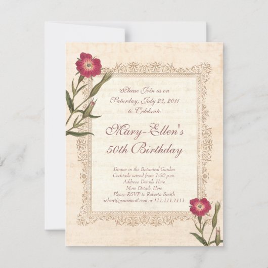 エレガントなガーデニングレディの50歳の誕生日パーティー 招待状 (裏面)