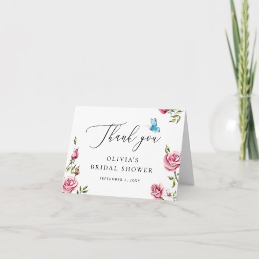 エレガントなガーデンティーパーティーのブライダルシャワーのお礼カード| 繊細な花 サンキューカード (正面)