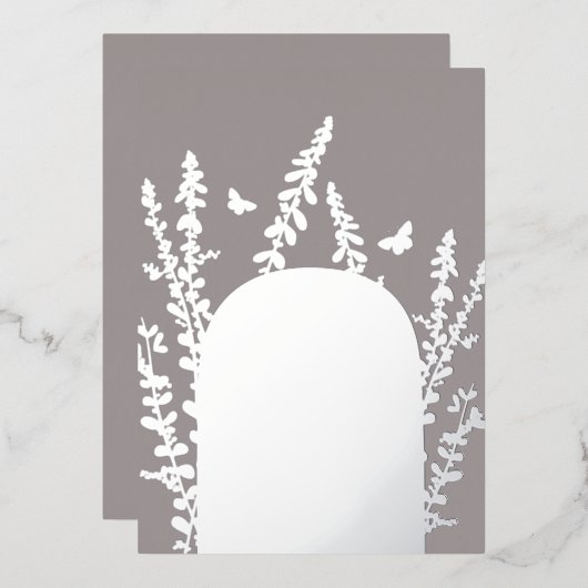 エレガントなガーデンリーフとバタフライのウェディングカード 箔招待状 (正面/裏面)