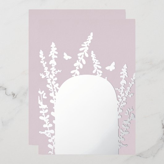 エレガントなガーデンリーフとバタフライのウェディングカード 箔招待状 (正面/裏面)