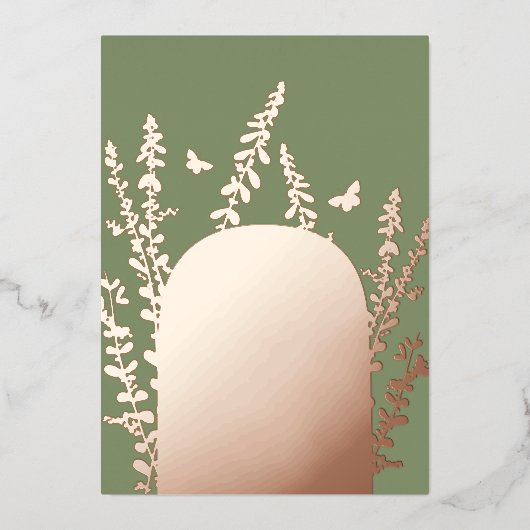 エレガントなガーデンリーフとバタフライのウェディングカード 箔招待状 (正面)