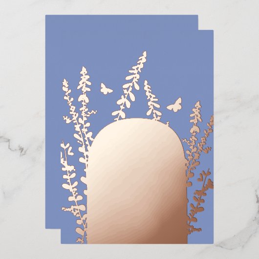 エレガントなガーデンリーフとバタフライのウェディングカード 箔招待状 (正面/裏面)