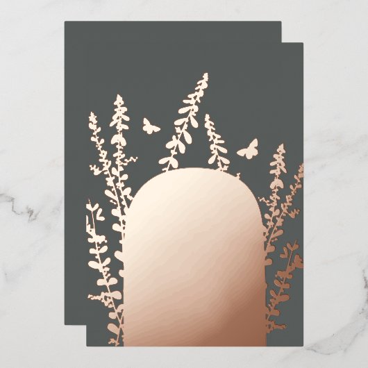 エレガントなガーデンリーフとバタフライのウェディングカード 箔招待状 (正面/裏面)