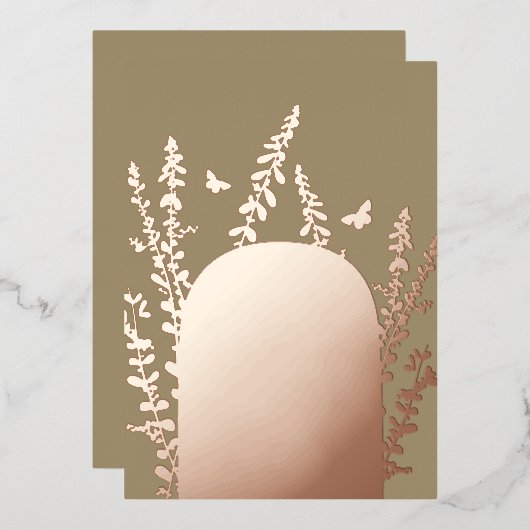 エレガントなガーデンリーフとバタフライのウェディング 箔招待状 (正面/裏面)