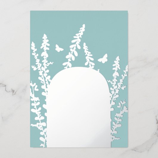 エレガントなガーデンリーフとバタフライのウェディング 箔招待状 (正面)