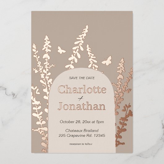 エレガントなガーデンリーフとバタフライのウェディング 箔招待状 (正面)