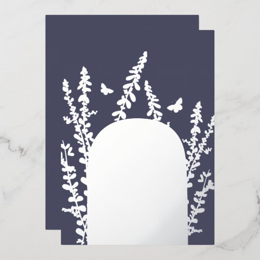 エレガントなガーデンリーフとバタフライのウェディング 箔招待状 (正面/裏面)