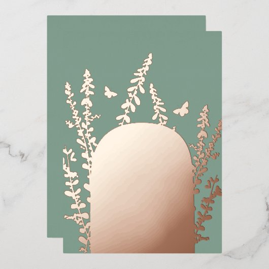 エレガントなガーデンリーフとバタフライのウェディング 箔招待状 (正面/裏面)