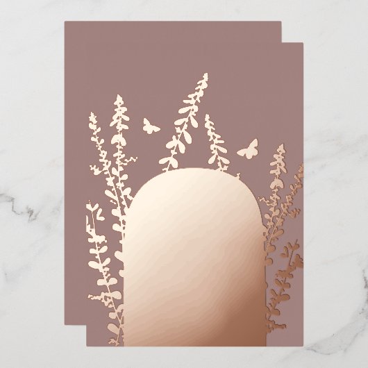 エレガントなガーデンリーフとバタフライのウェディング 箔招待状 (正面/裏面)