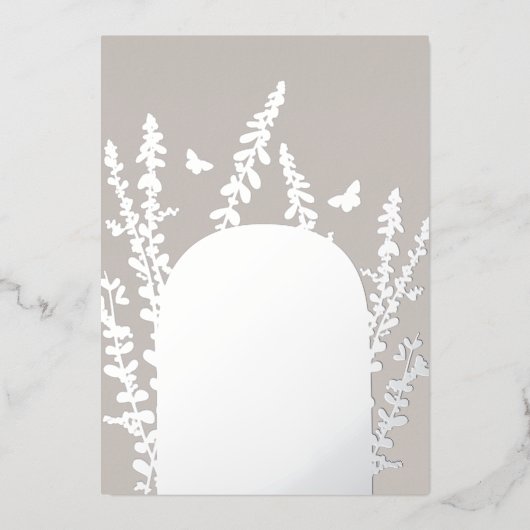 エレガントなガーデンリーフとバタフライのウェディング 箔招待状 (正面)