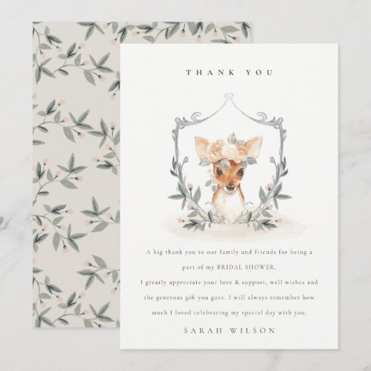 エレガントなキュートなダスクィディーア フローラルクレスト ブライダルシャワー サンキューカード (正面/裏面)