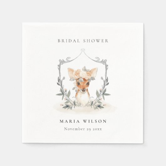 エレガントなキュートなダスクディーア フローラルクレスト ブライダルシャワー スタンダードカクテルナプキン (正面)