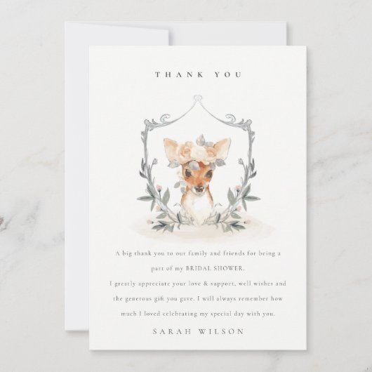 エレガントなキュートなチャコールグレー鹿の花紋のウェディングシャワー サンキューカード (正面)