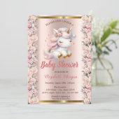 エレガントなキュートなユニコーンとバラのローズゴールドのベビーシャワー 招待状 (スタンド正面)