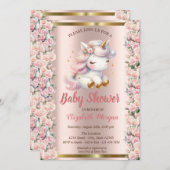 エレガントなキュートなユニコーンとバラのローズゴールドのベビーシャワー 招待状 (正面/裏面)